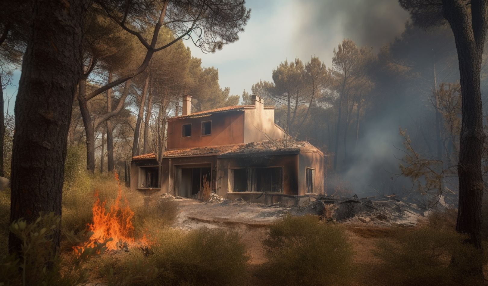 Feu de forêt, maison détruite