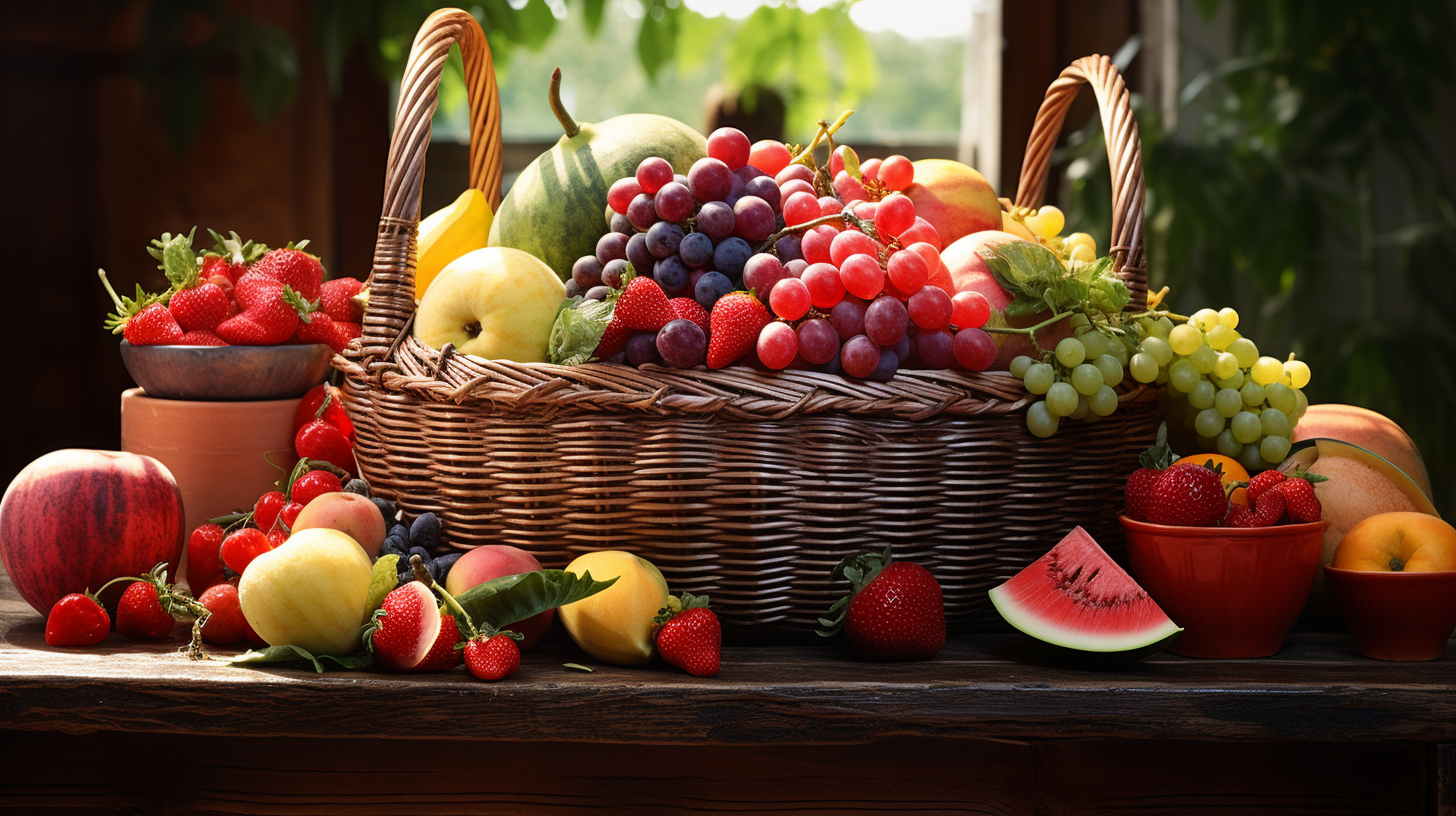 Corbeille de fruits de saisons estivales.