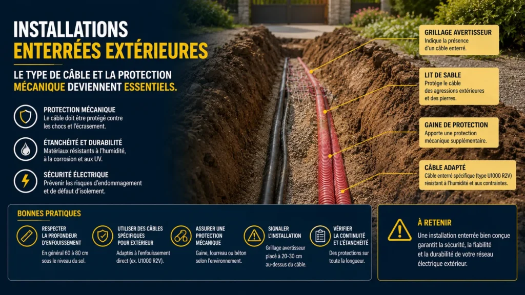 Précautions pour câbles enterrés en installation extérieure Câbles enterrés précautions