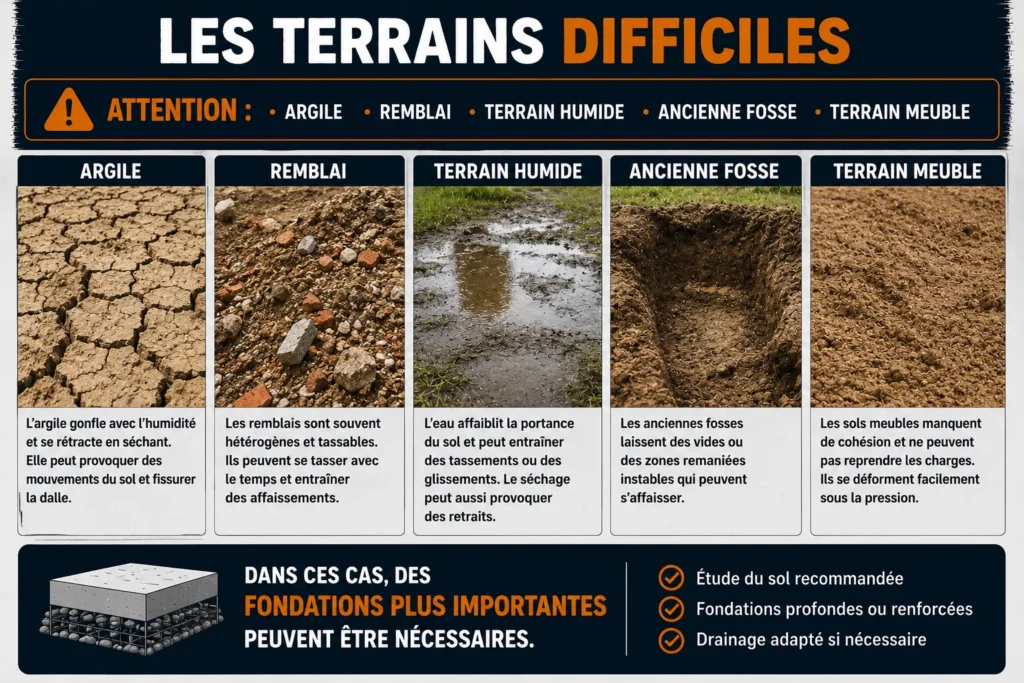 Les terrains difficiles nécessitent des fondations renforcées Terrains difficiles pour dalle béton : argile, remblai, humide