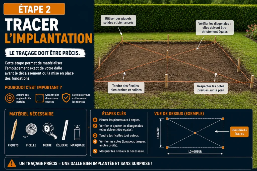 Implantation précise pour dalle béton Tracer l'implantation d'une dalle béton