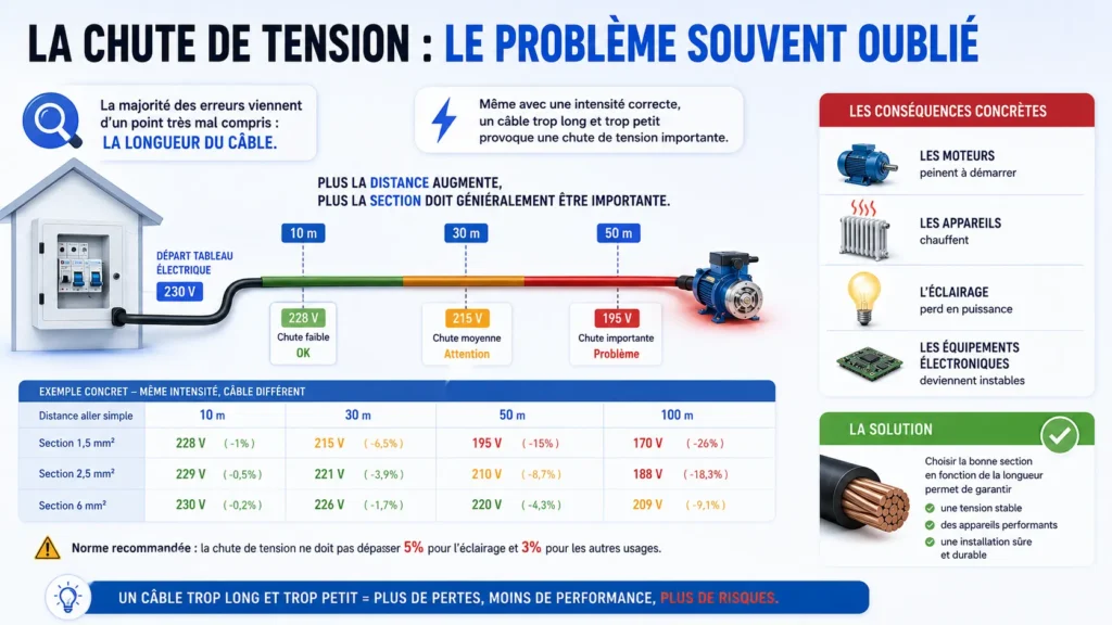 La chute de tension est souvent négligée lors du choix de la section de câble Chute de tension, problème souvent oublié