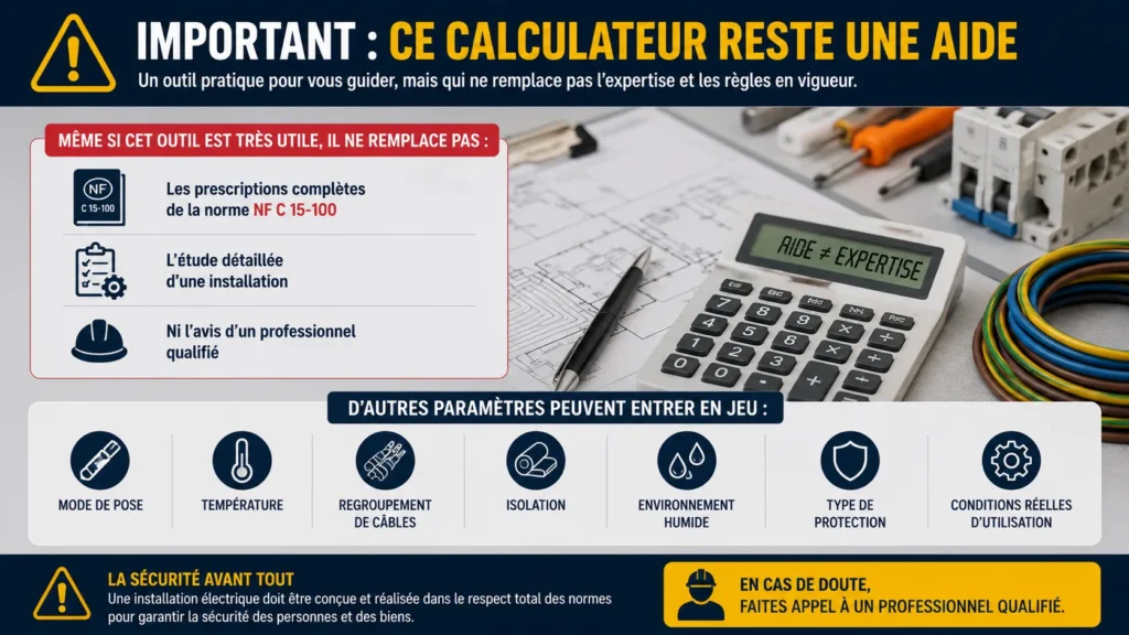 Ce calculateur reste une aide, pas un remplacement à la norme NF C 15-100 Limites du calculateur de section de câble