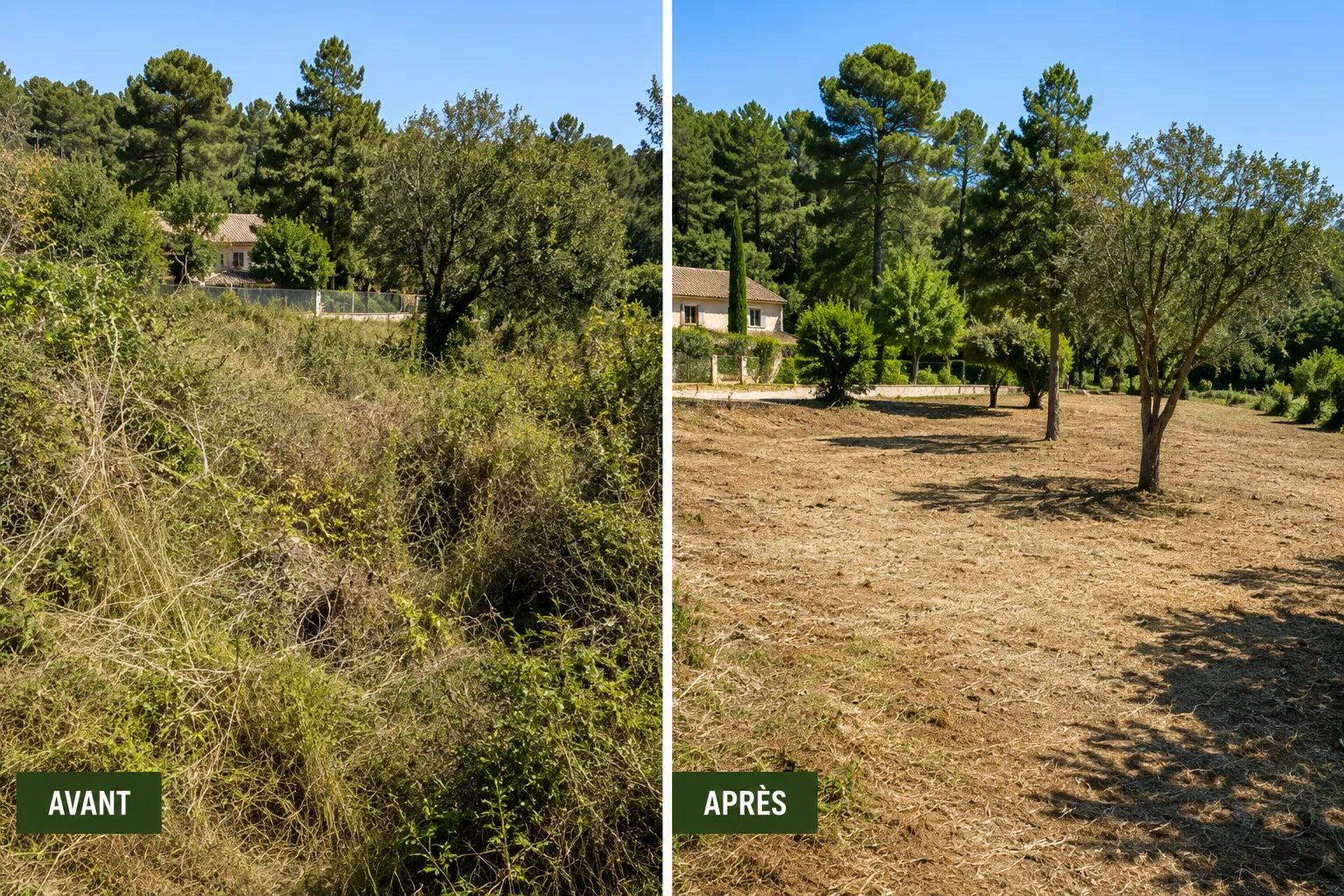 Débroussaillage en Drôme Débroussaillage d'un terrain en Drôme Provençale, avant et après intervention