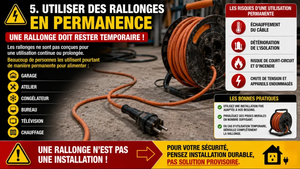 Danger des rallonges électriques permanentes Sécurité des rallonges électriques en permanence