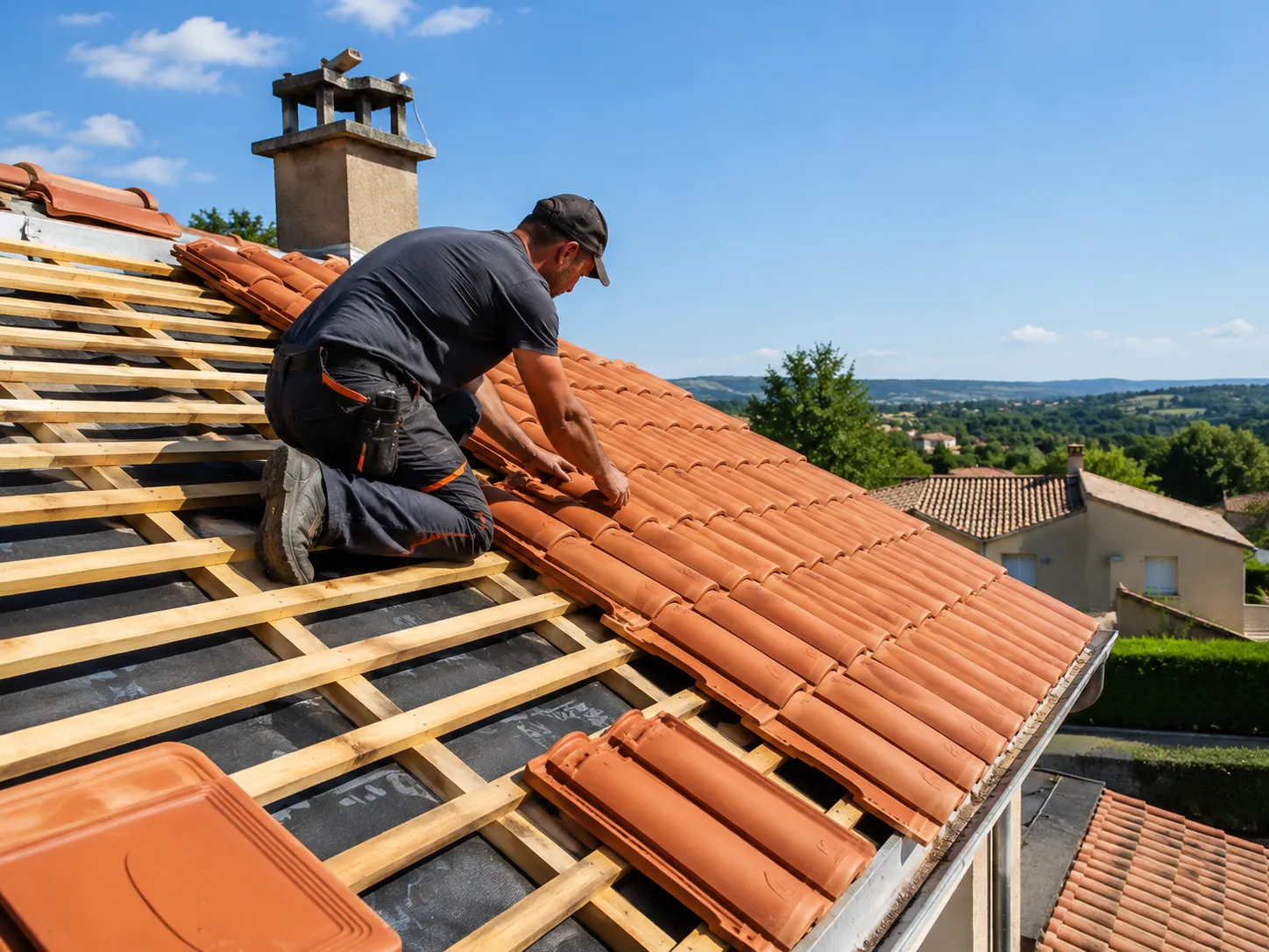 Couvreur posant des tuiles terre cuite sur une maison individuelle en France Couvreur posant des tuiles terre cuite sur une maison individuelle en France
