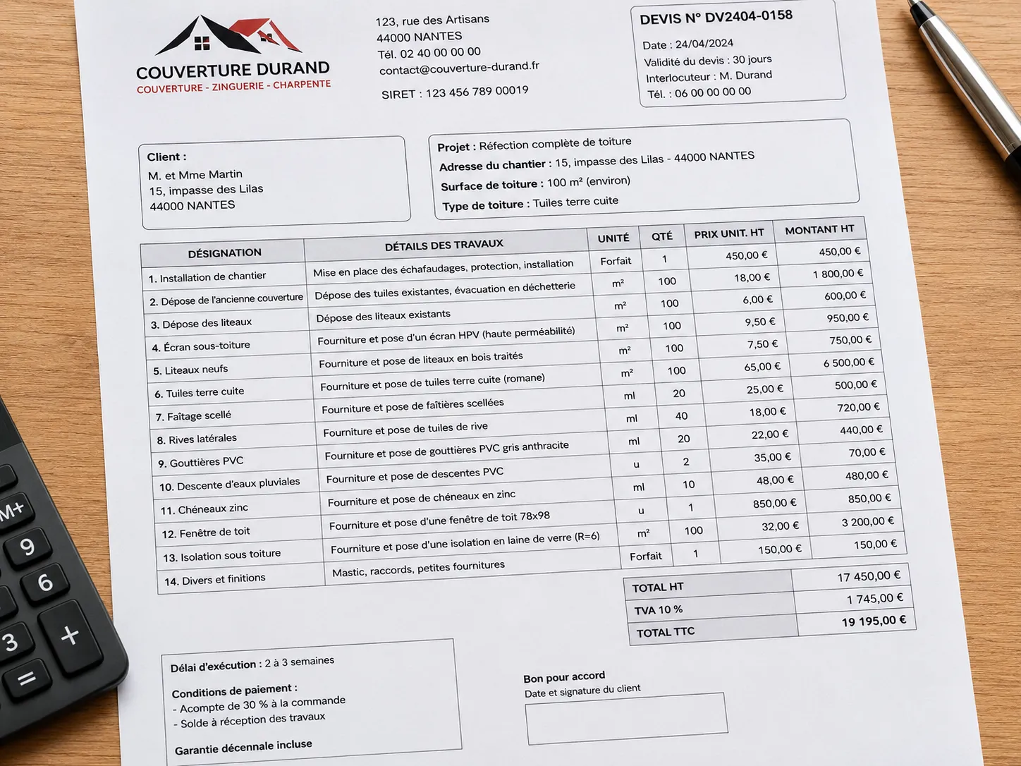 Exemple d'un devis de couvreur détaillé avec plusieurs lignes de poste Exemple d'un devis de couvreur détaillé avec plusieurs lignes de poste