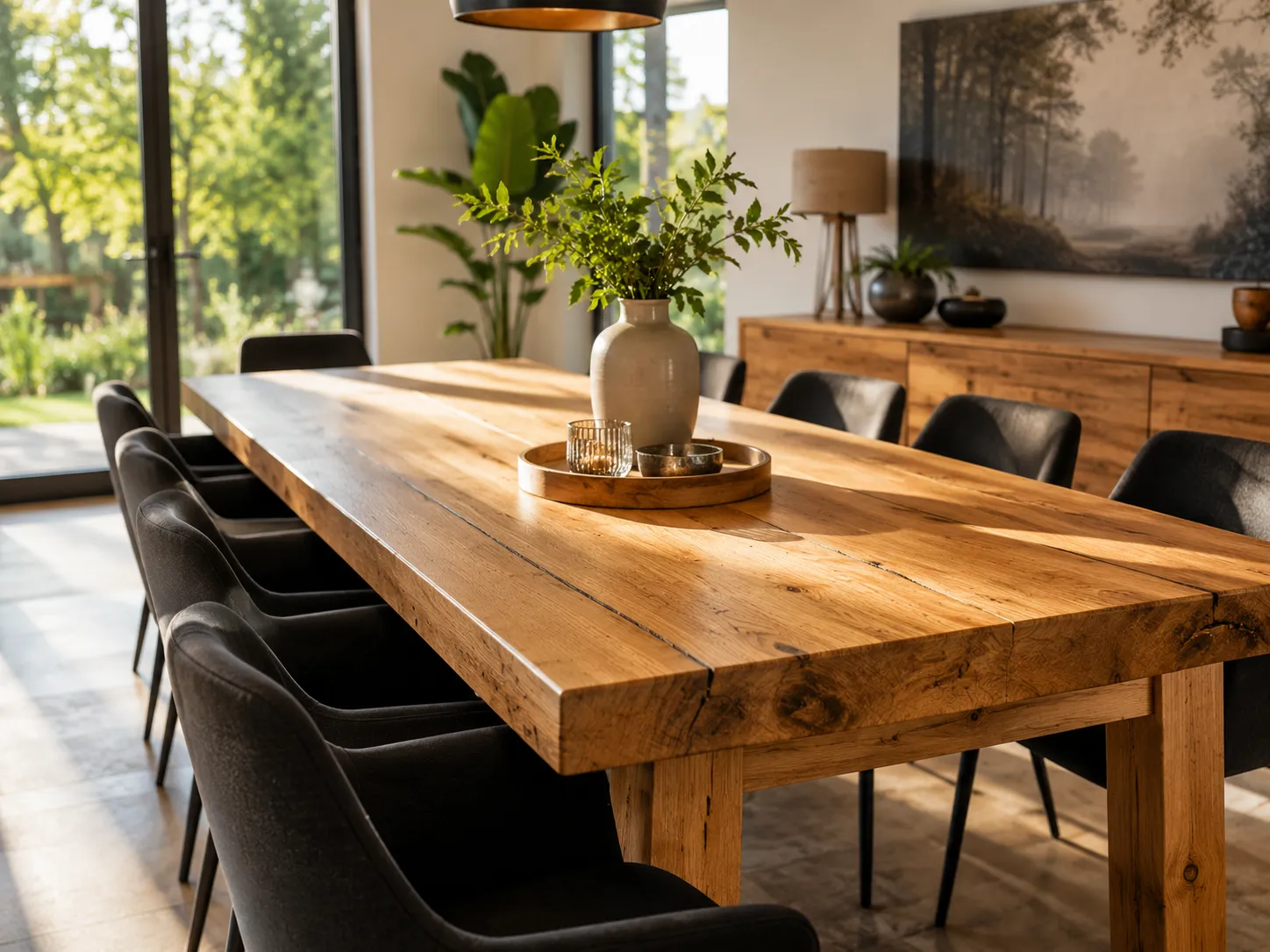 Plateau de table en bois massif - salle à manger Grande table en bois massif dans une salle à manger lumineuse