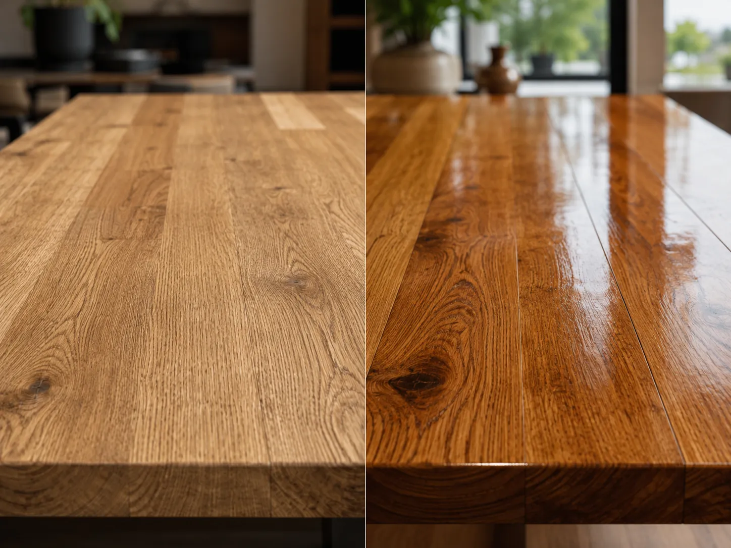 Comparaison finition huile vs vernis sur plateau bois massif Gros plan sur un plateau de table huilé et un plateau verni, comparaison de rendu