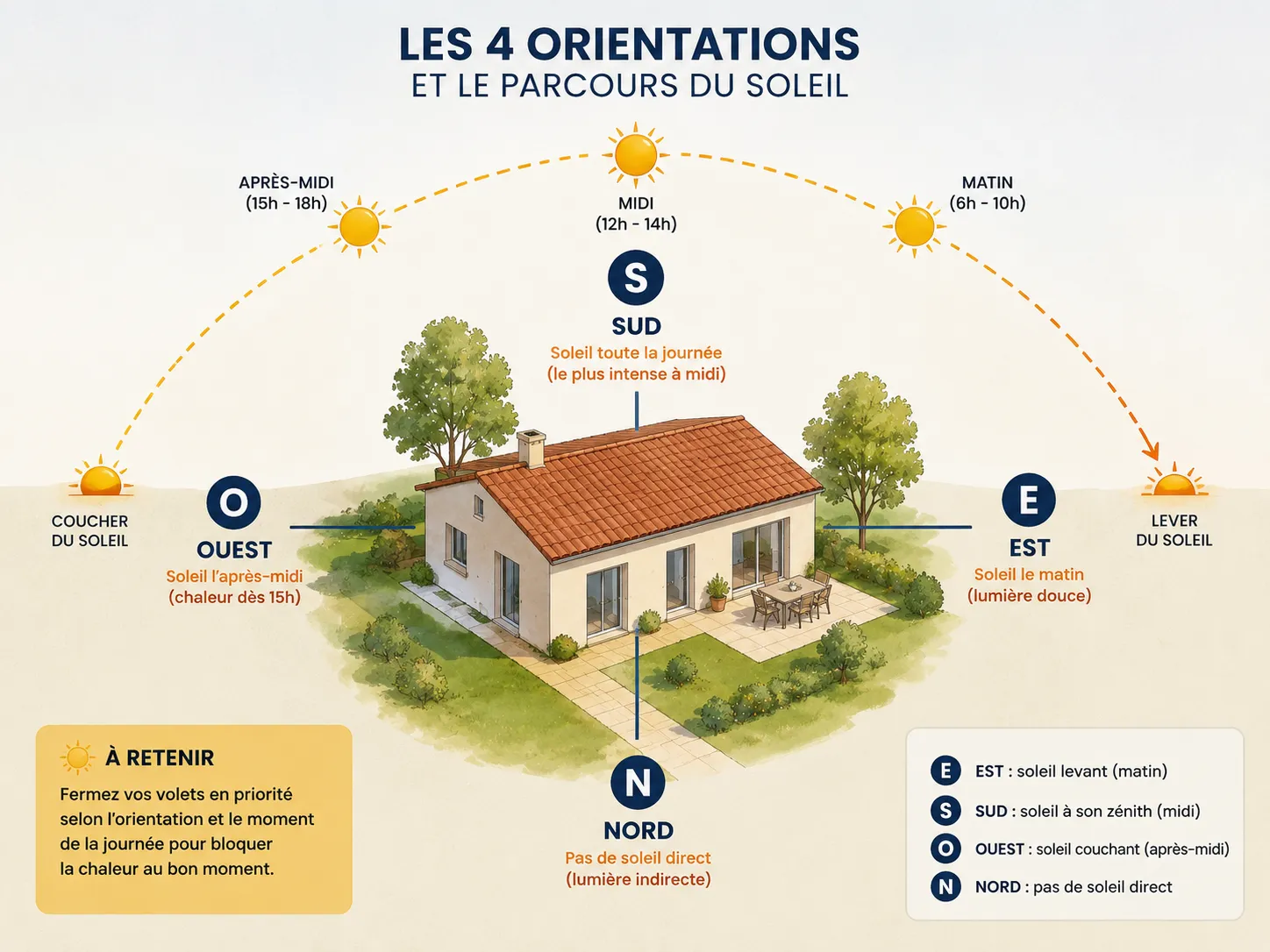 Orientation fenêtres et volets : quel ordre fermer pendant la canicule Schéma des 4 orientations d'une maison (Nord, Sud, Est, Ouest) avec le soleil
