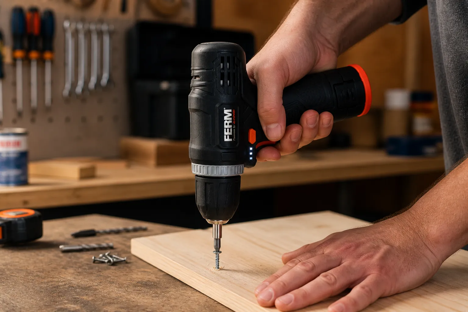 Utilisation de la perceuse FERM sur une planche en bois