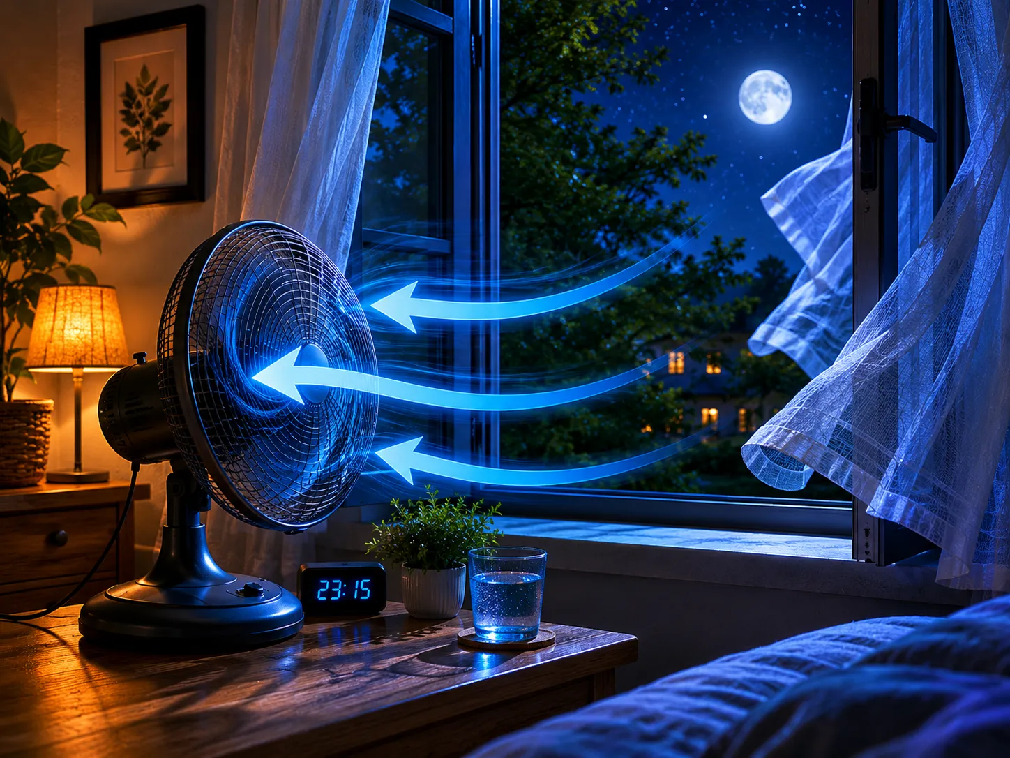 Ventilation nocturne : comment rafraîchir sa maison sans climatisation Ventilateur posé devant une fenêtre ouverte la nuit pour rafraîchir la maison