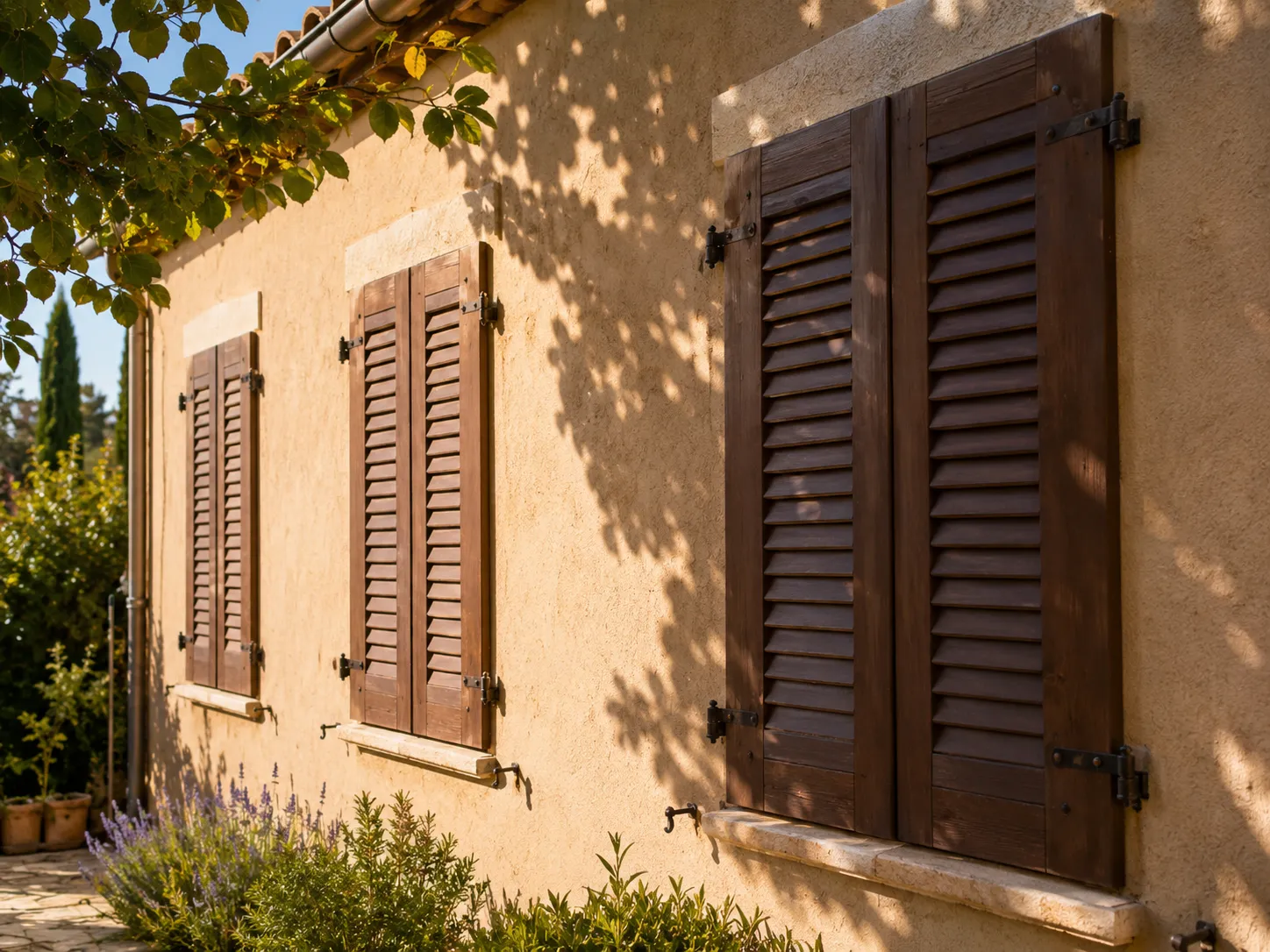 Fermer ses volets pendant la canicule : la règle n°1 Volets en bois fermés sur une façade ensoleillée en été
