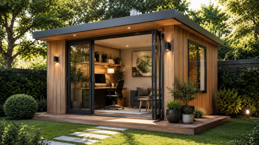 Bureau moderne dans un jardin ensoleillé Bureau moderne dans un jardin ensoleillé