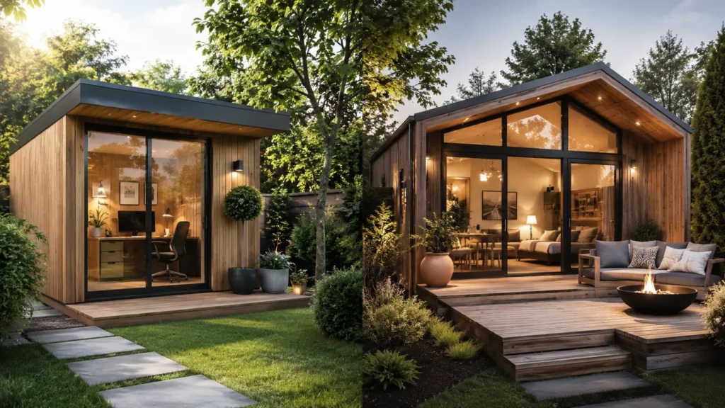 Cabane moderne et jardin paysagé à l'heure dorée Cabane moderne et jardin paysagé à l'heure dorée