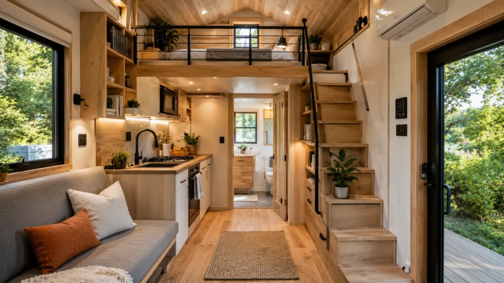Intérieur moderne d'une tiny house chaleureuse Intérieur moderne d'une tiny house chaleureuse