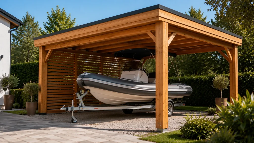 Carport moderne avec bateau et jardin Carport moderne avec bateau et jardin
