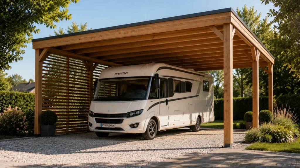 Carport moderne et camping-car sous le soleil Carport moderne et camping-car sous le soleil