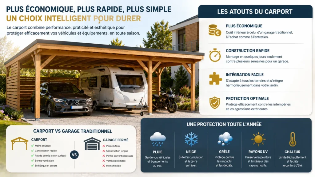 Carport vs garage, protection tout l'année Carport vs garage, protection tout l'année