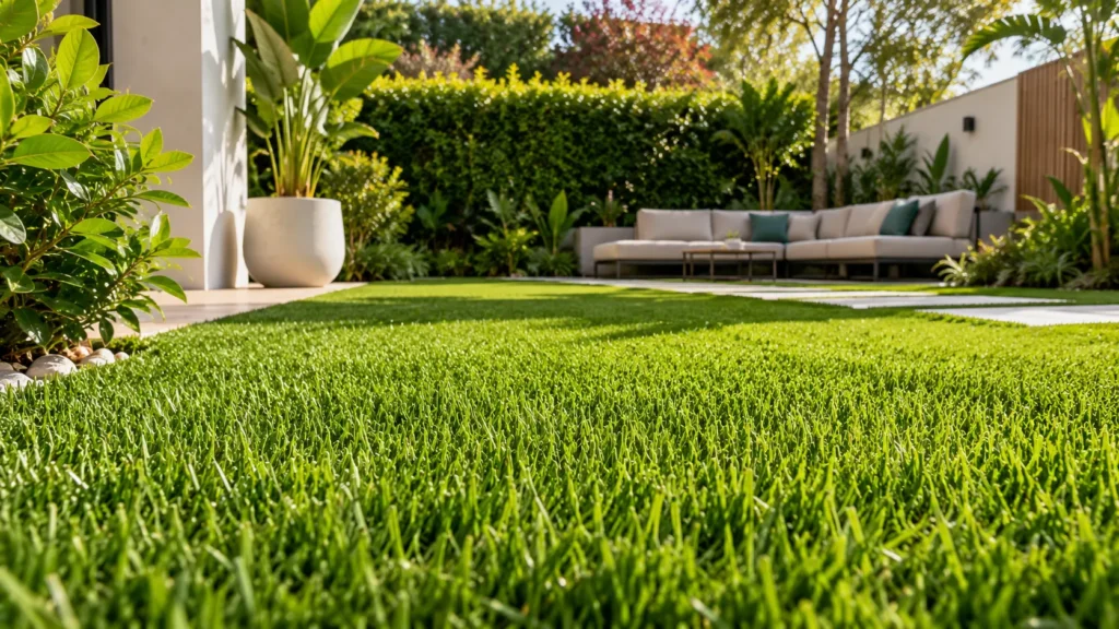 Jardin moderne ensoleillé et végétation luxuriante Jardin moderne ensoleillé et végétation luxuriante