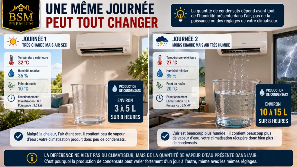 Journée chaude vs humide, condensats Journée chaude vs humide, condensats