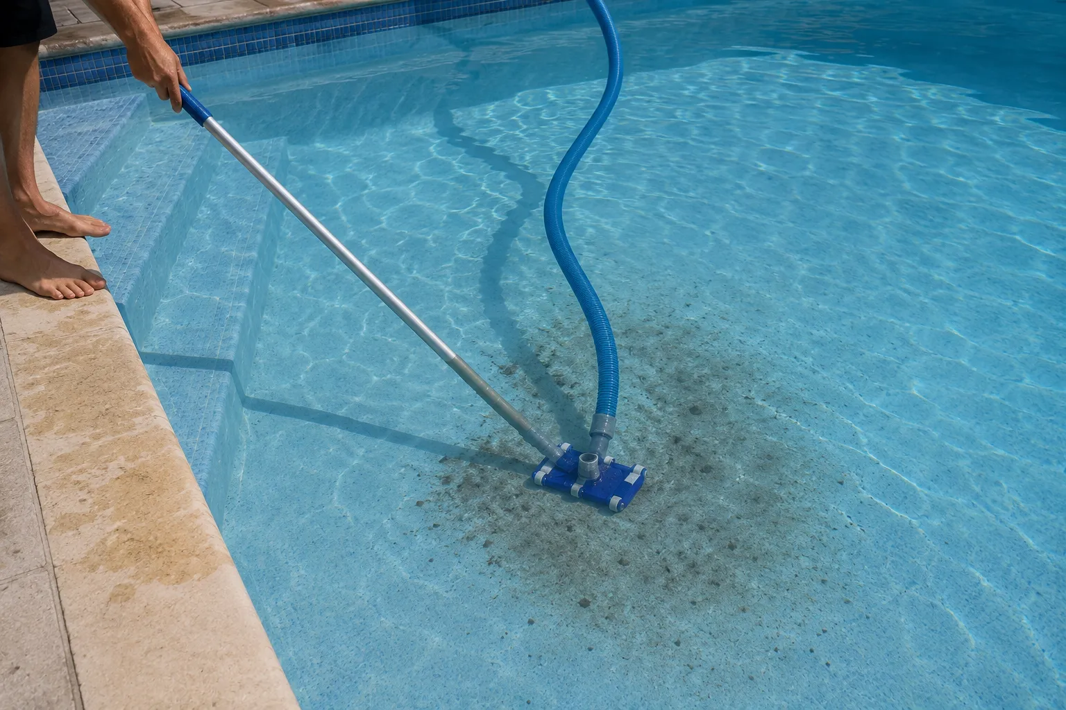Aspiration des dépôts après floculation Aspiration manuelle des dépôts au fond d'une piscine après floculation