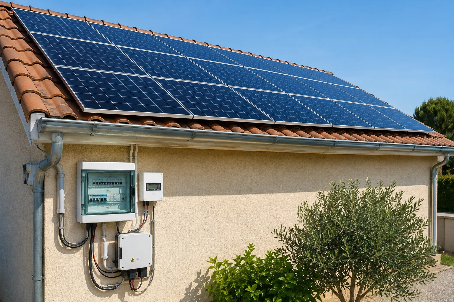 Installation photovoltaïque avec coffret électrique Coffret électrique et panneaux solaires raccordés au réseau