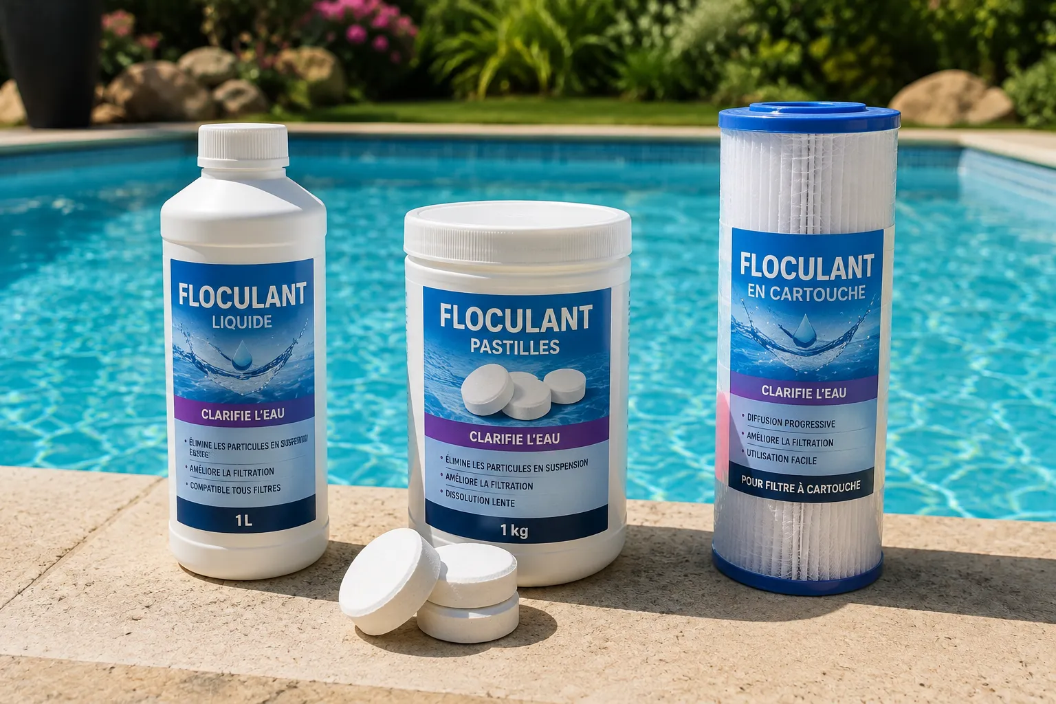 Formats de floculant piscine Différents formats de floculant, liquide, pastilles et cartouche, posés au bord d'une piscine