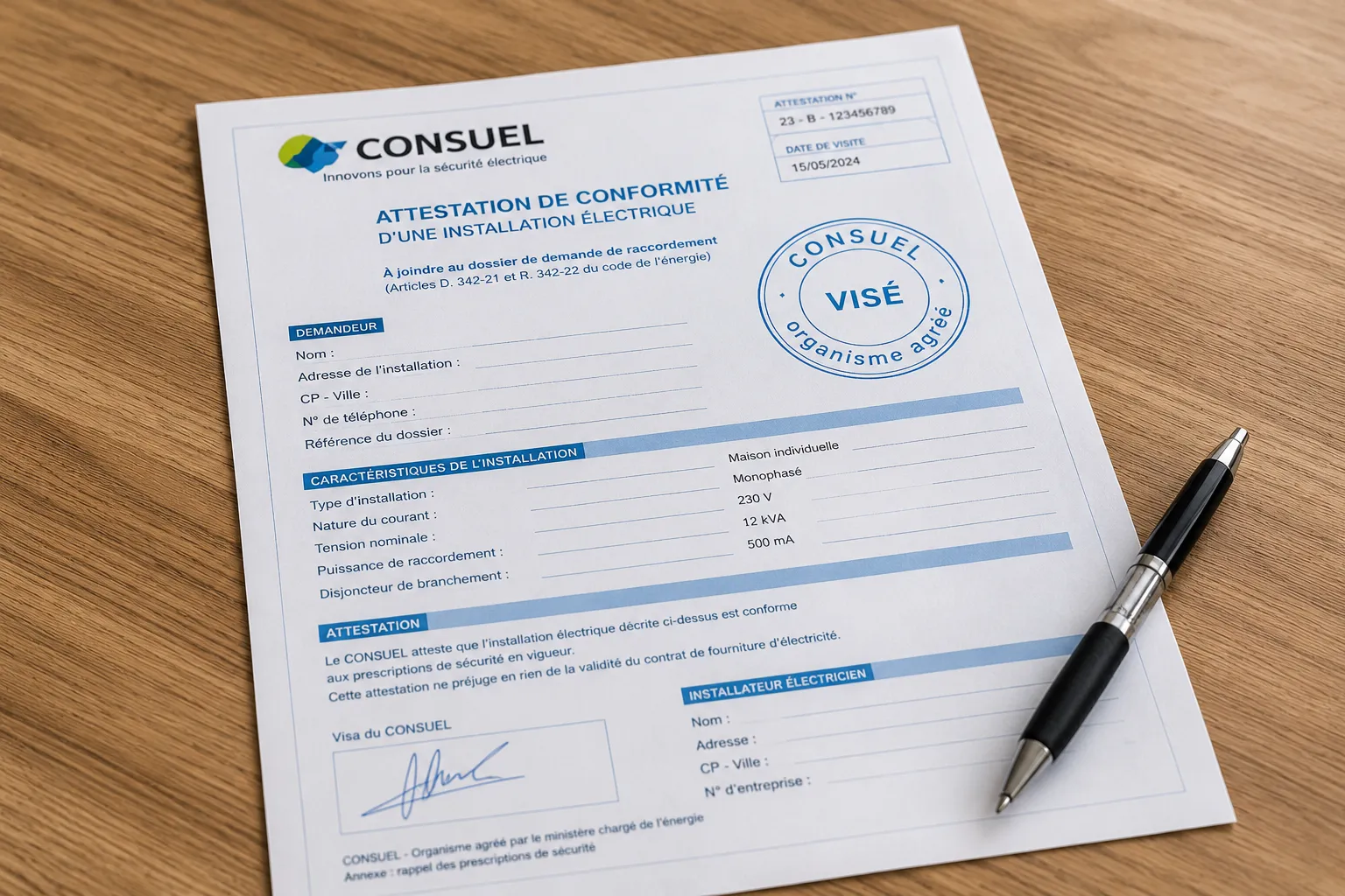 Attestation CONSUEL bleue visée Document CONSUEL bleu visé posé sur une table avec un stylo
