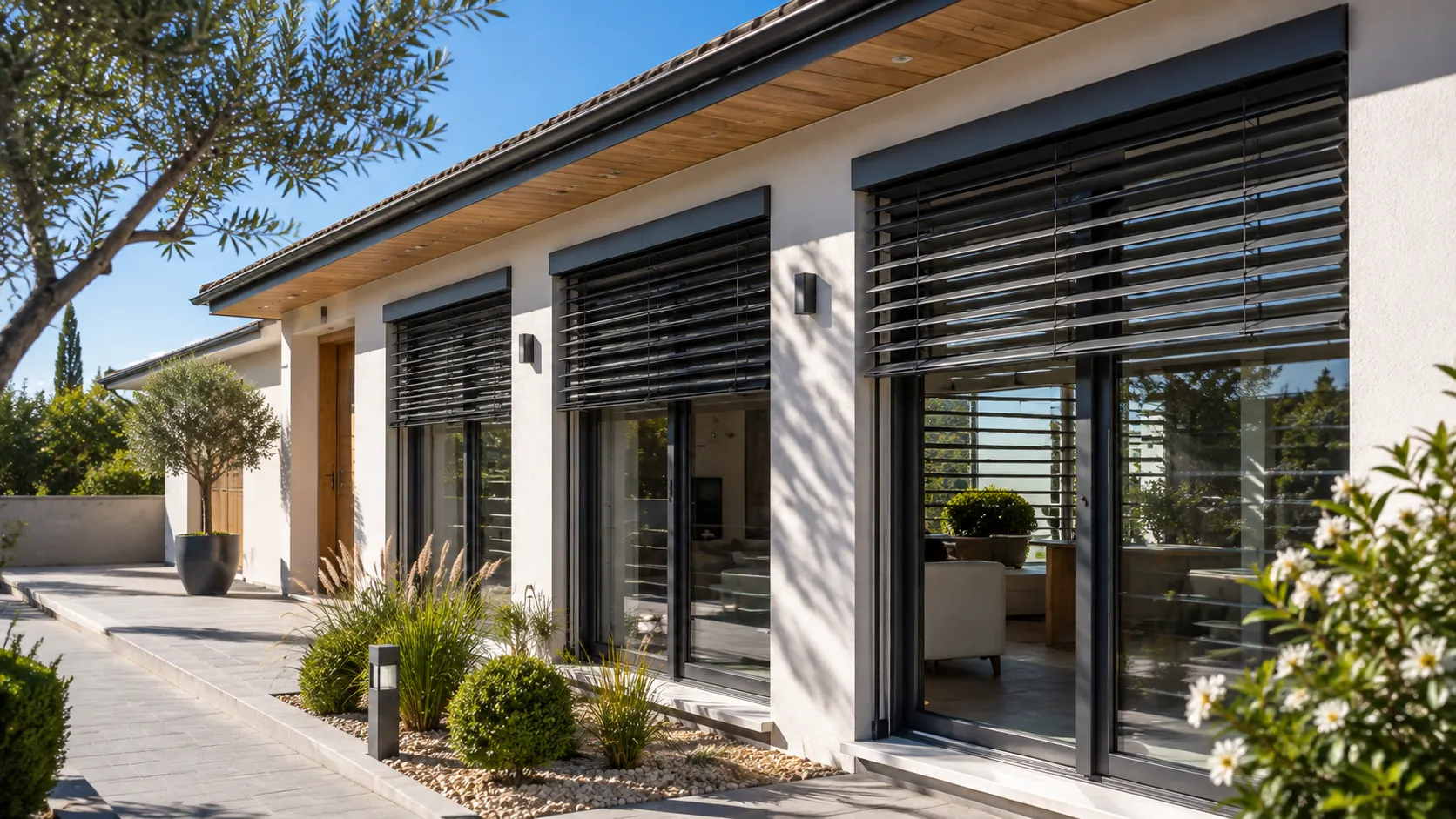 Façade avec volets ou brise-soleil extérieurs installés Façade avec volets ou brise-soleil extérieurs installés