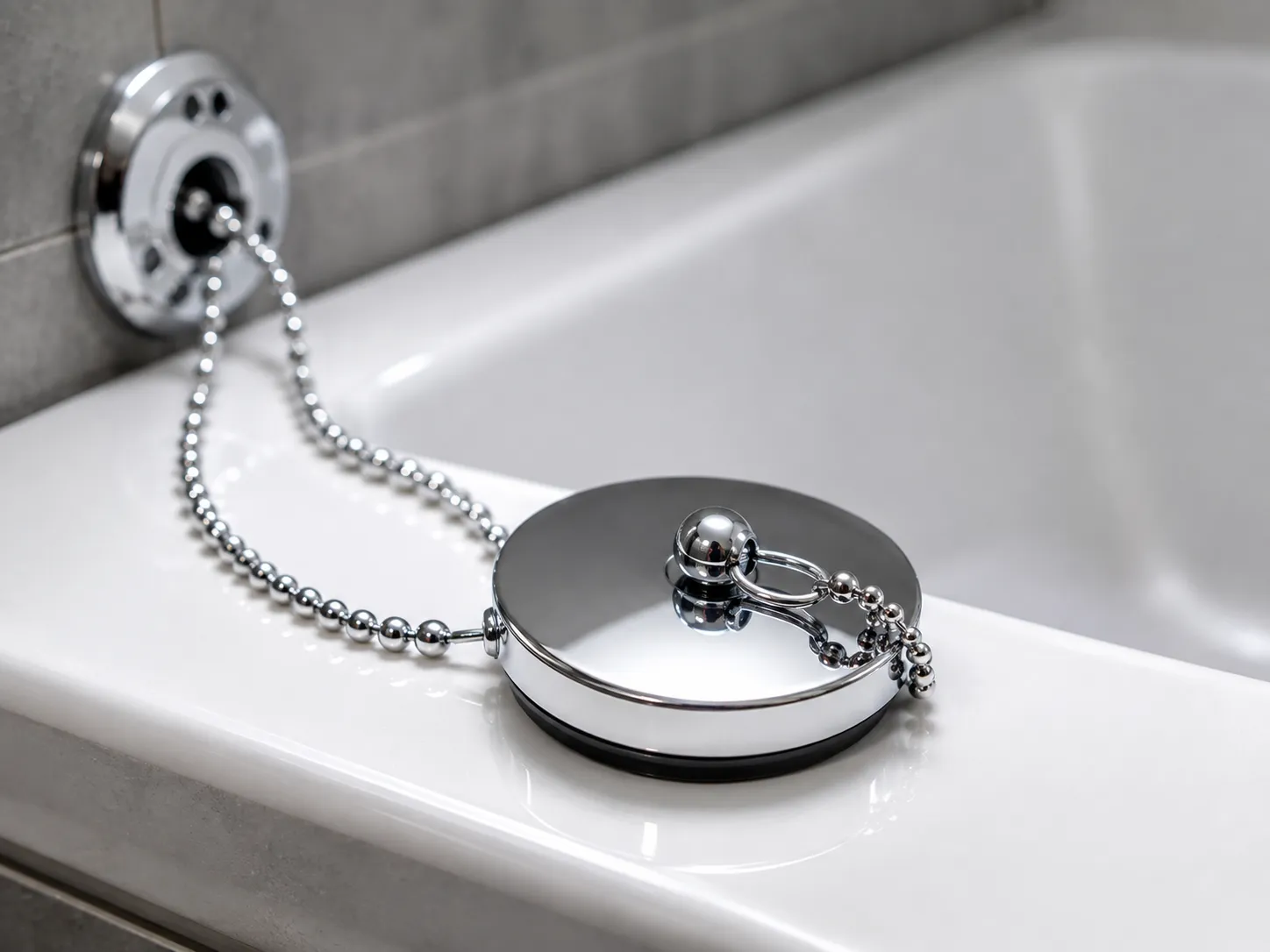 Bouchon de baignoire chromé Gros plan sur un bouchon de baignoire chromé posé sur le rebord d'une baignoire