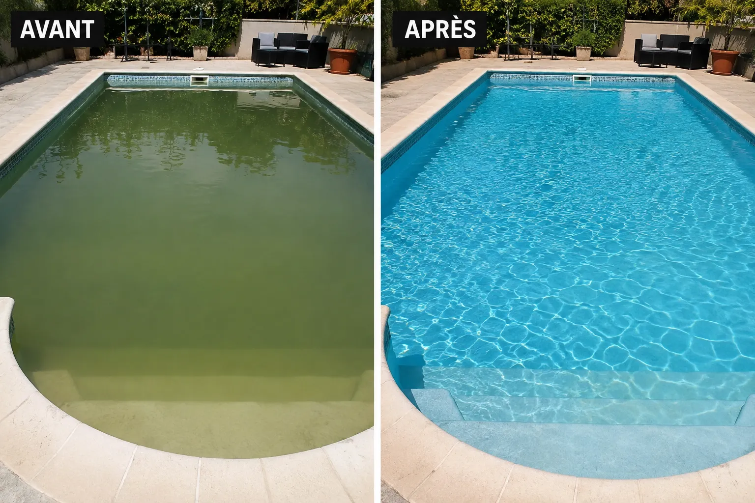 Eau trouble avant/après floculant Piscine avec eau trouble avant et après traitement au floculant