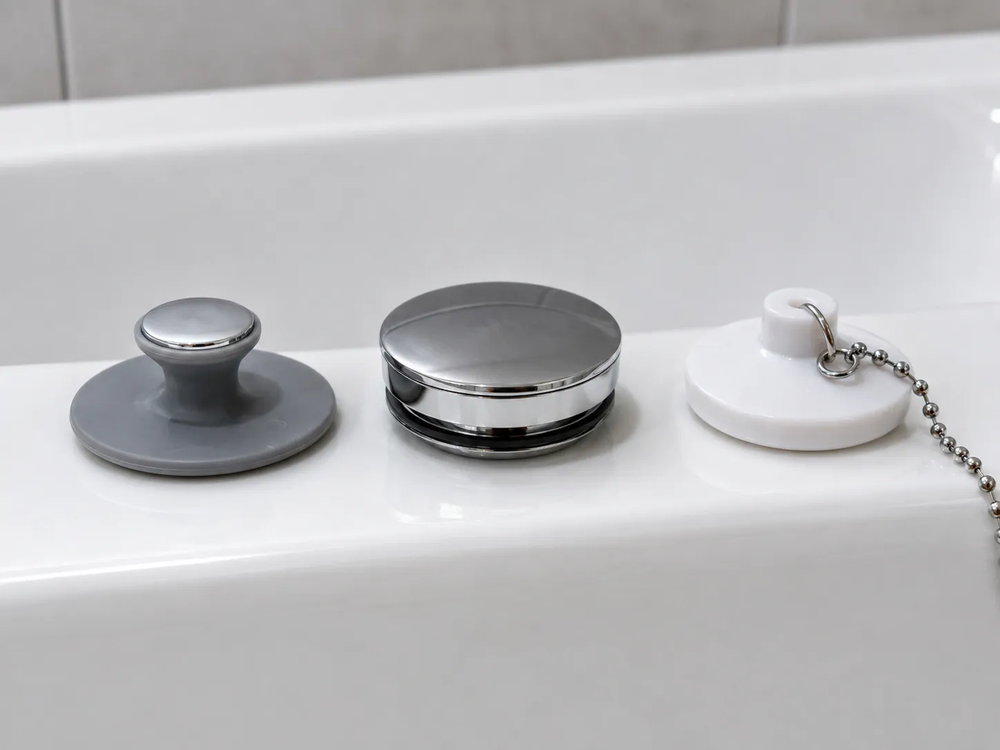 Comparatif des types de bouchons de baignoire Trois bouchons de baignoire côte à côte : silicone, laiton chromé, plastique avec chaînette