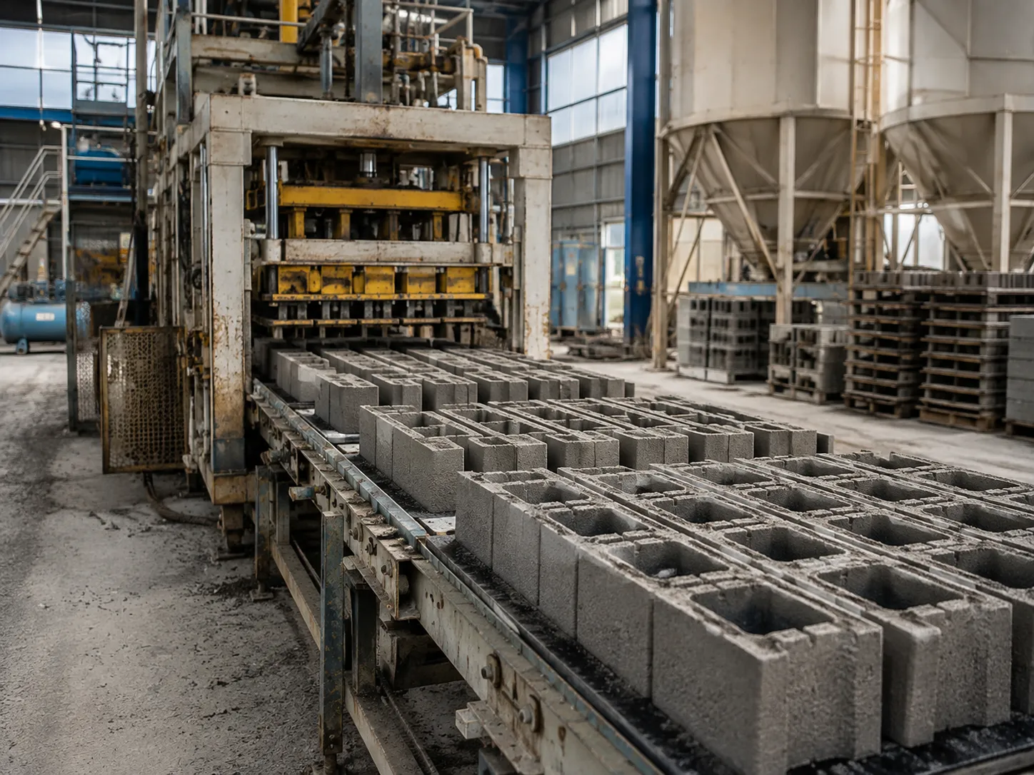Production industrielle de parpaings en usine Usine ou centrale à béton produisant des blocs de parpaing en série