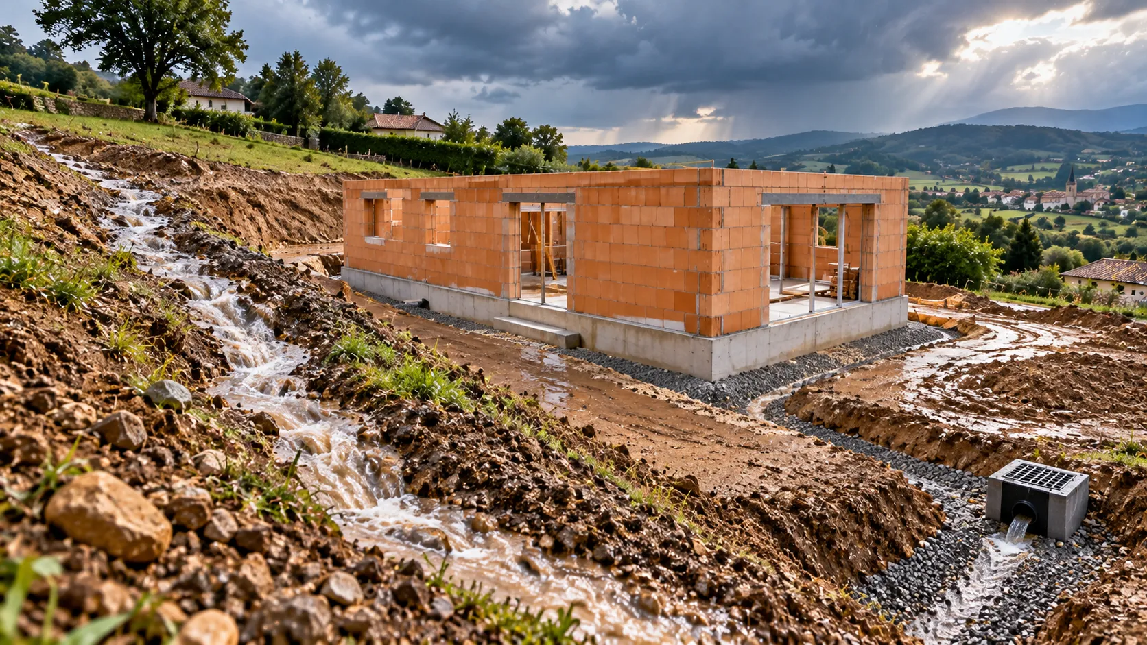 Drainage autour d’une maison en construction Drainage autour d’une maison en construction