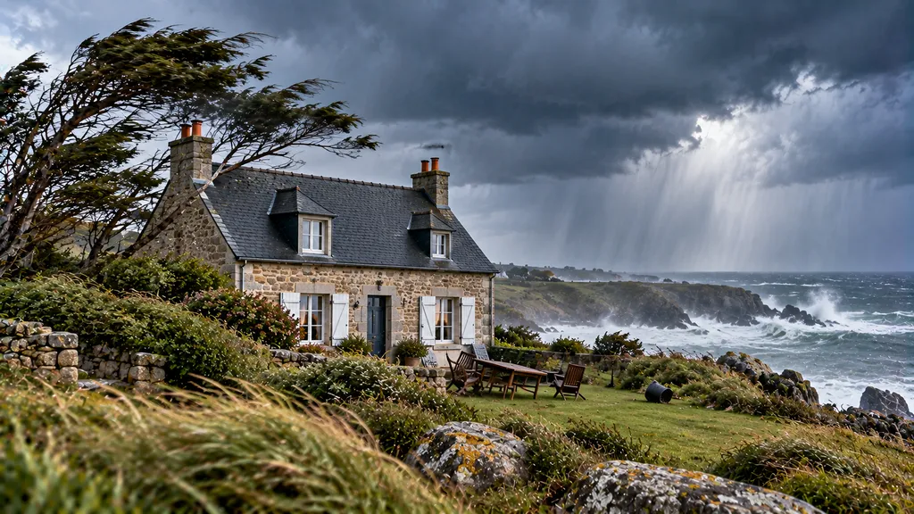 Maison battue par la tempête en bord de mer Maison battue par la tempête en bord de mer