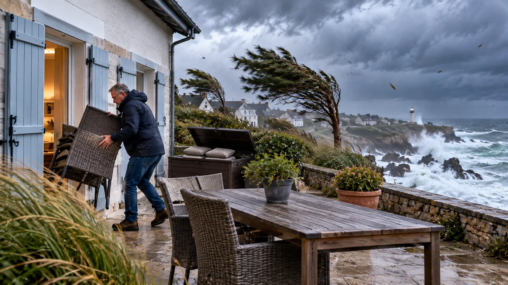 Tempête sur la côte, refuge en préparation Tempête sur la côte, refuge en préparation