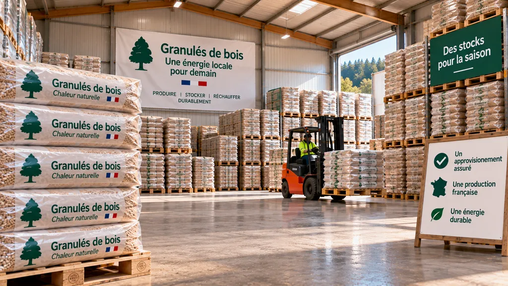 Entrepôt de granulés de bois bien approvisionné Entrepôt de granulés de bois bien approvisionné