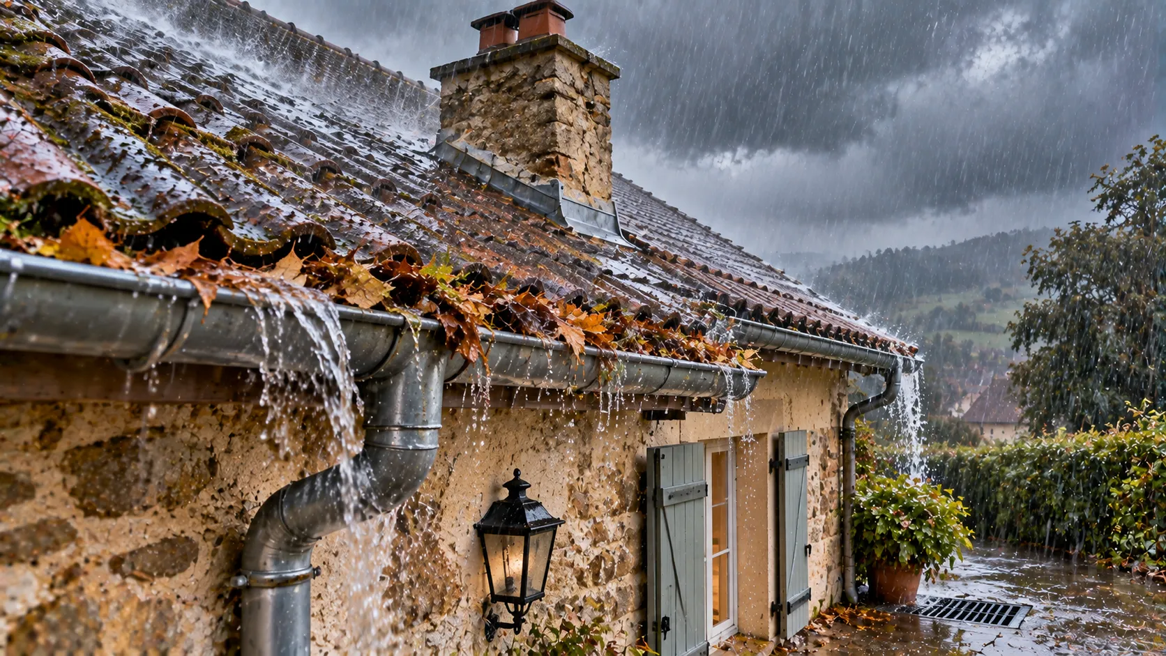 Gouttières débordantes sous la pluie d’automne Gouttières débordantes sous la pluie d’automne