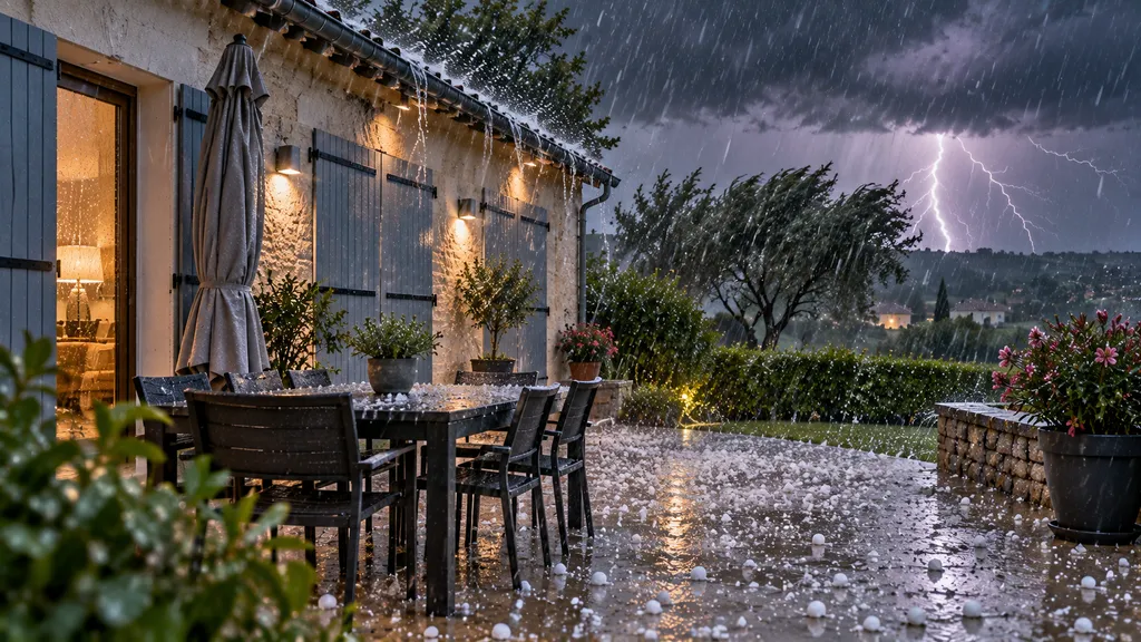 Terrasse balayée par l’orage et la grêle Terrasse balayée par l’orage et la grêle