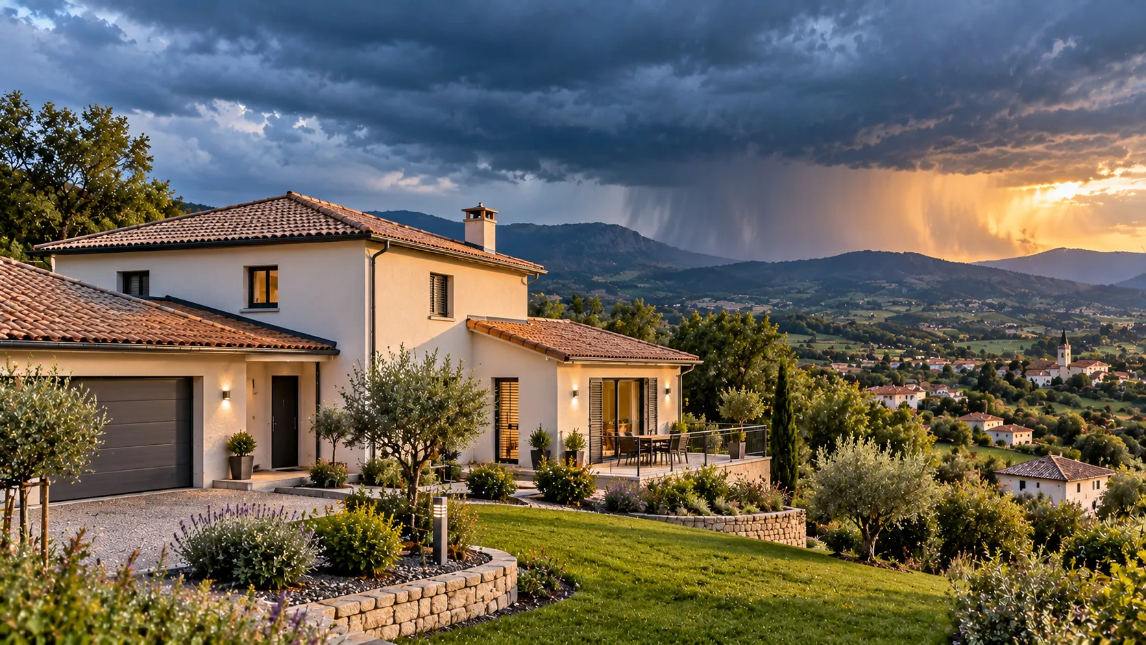 Maison méditerranéenne sous l’orage au coucher du soleil Maison méditerranéenne sous l’orage au coucher du soleil