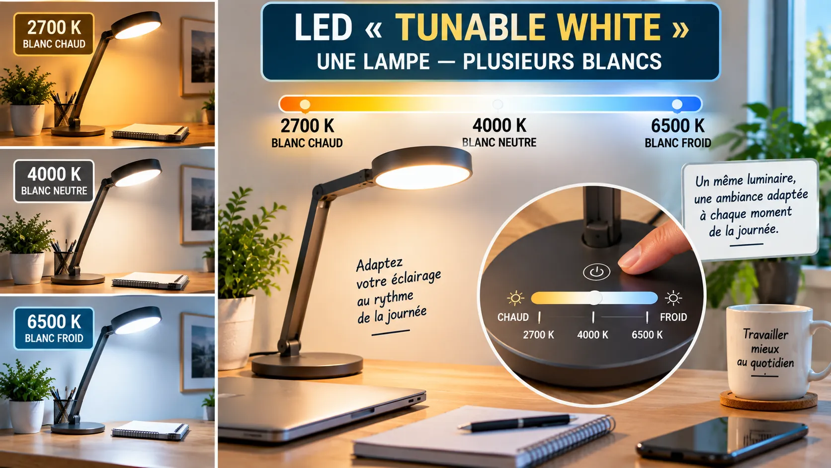 Lampe LED, trois ambiances lumineuses Lampe LED, trois ambiances lumineuses